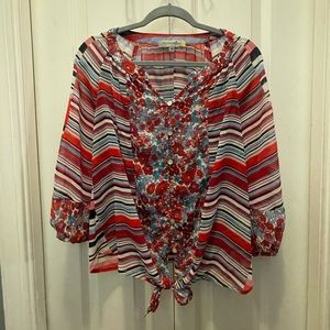 Figueroa & Flower red blue floral striped sheer button top